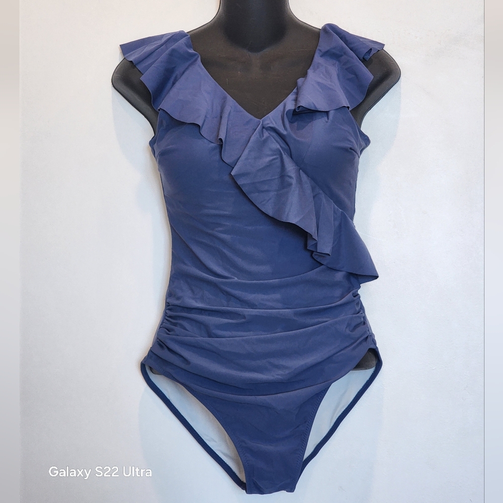 Blooming Jelly Tummy Control Slimming Blue Ruffle V Neck Swimsuit Size S - Picture 4 of 6